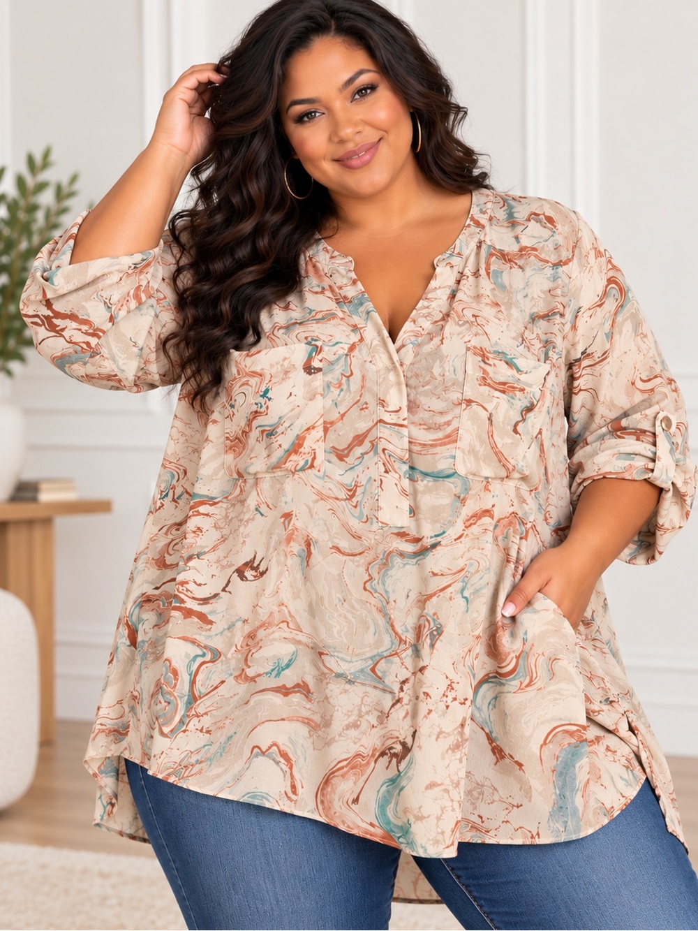 Title: Torrid Harper Size 5 Abstract Marble Print Tunic Blouse Roll Tab Sleeve